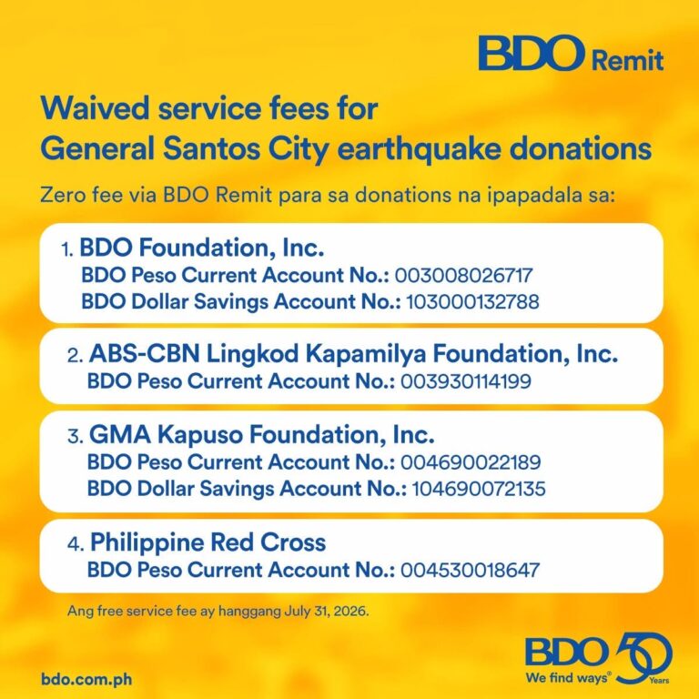 BDO waives remittance fees for General Santos earthquake relief donations
